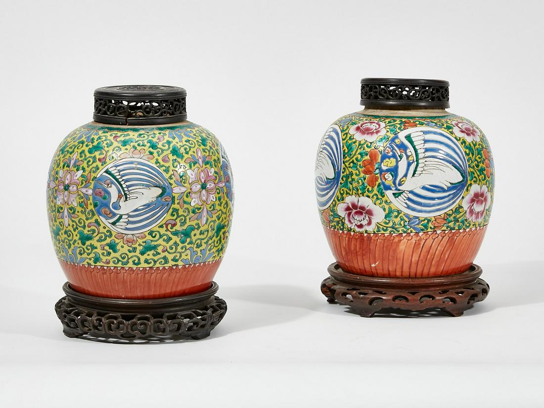 A pair of Chinese polychrome glazed covered jars (1 of 4)