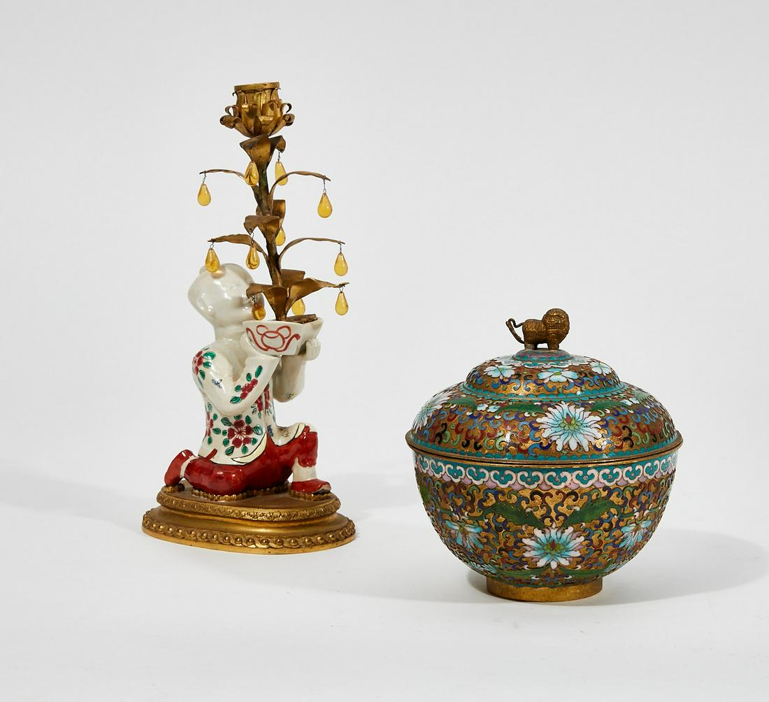 A Chinese cloisonne enamel box & a candlestick (1 of 5)