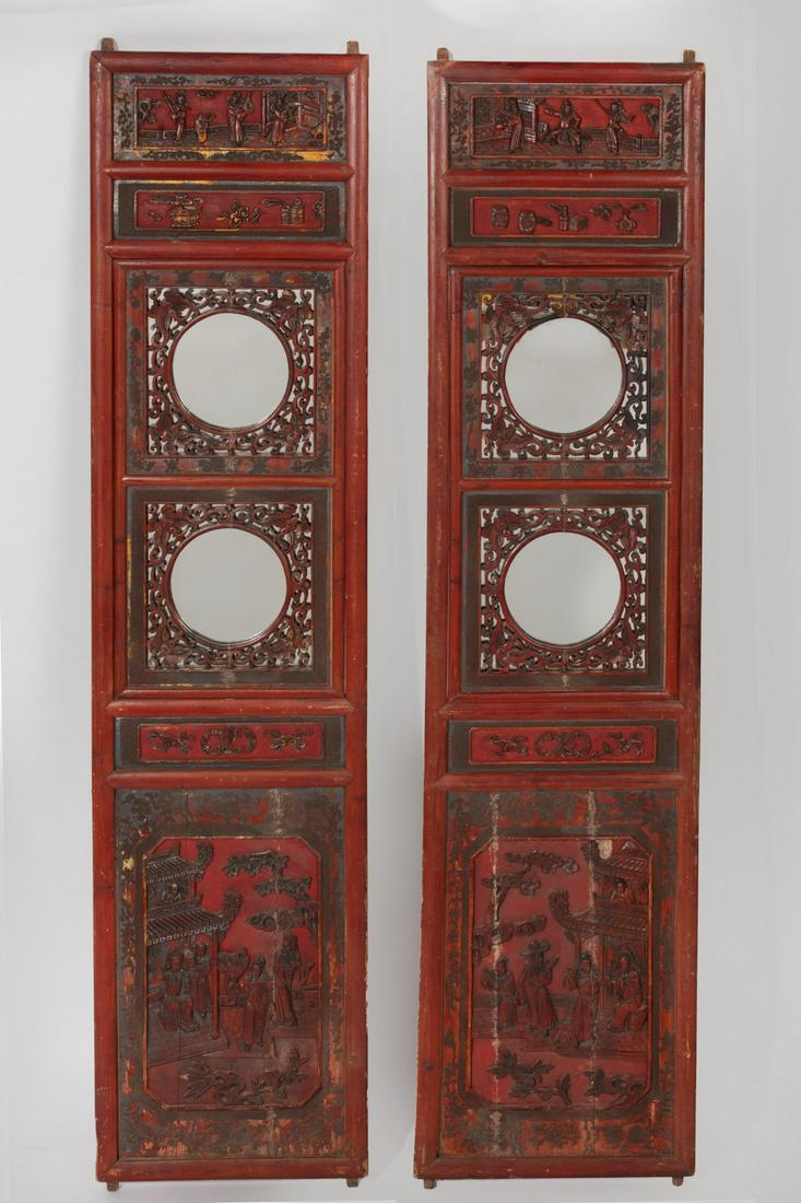 A pair of Chinese mirror inset red painted panels (1 of 11)