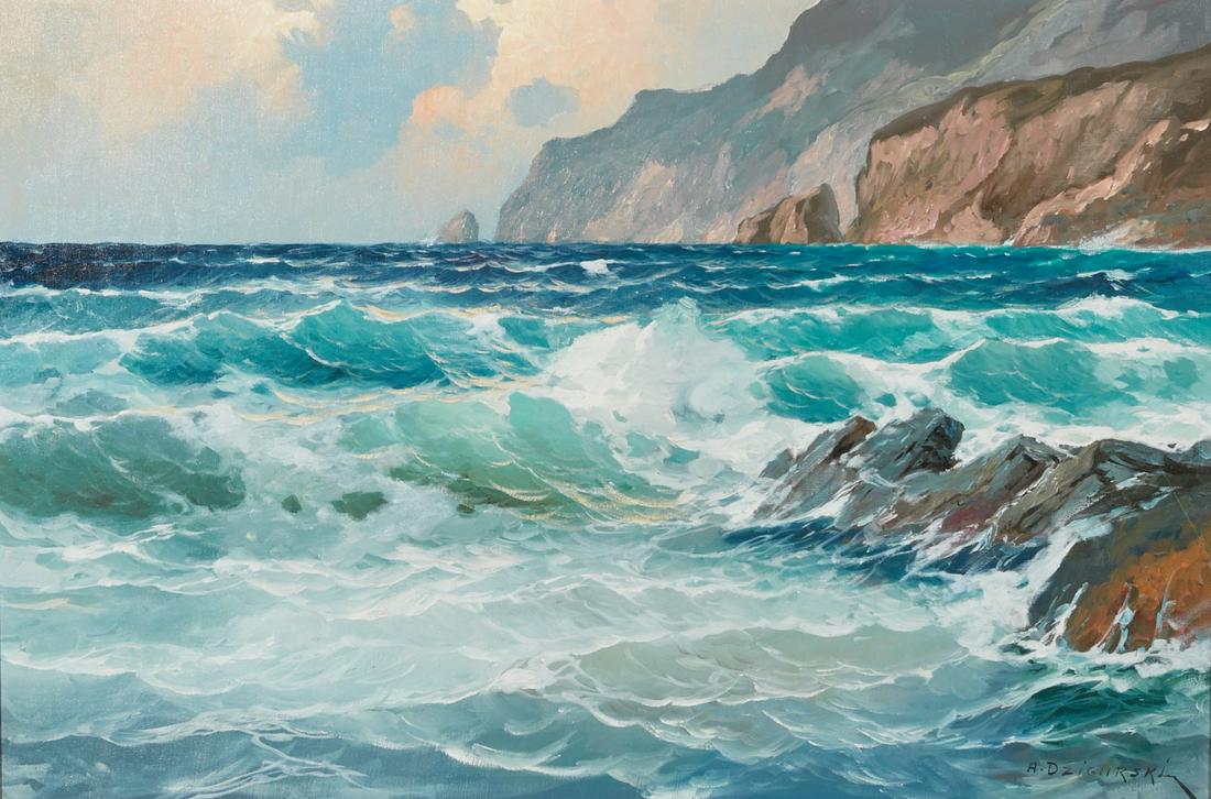 Alexander Dzigurski, Seascape, oil: Alexander Dzigurski (Serbian/American, 1911-1995)Seascapeoil on canvassigned lower right A. DZIGURSKI.23 1/2 x 35 1/4in (60 x 89.5cm)