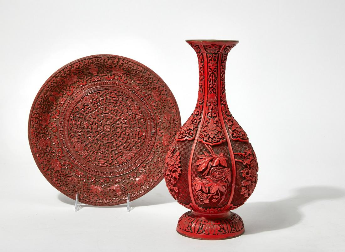 A Chinese carved cinnabar lacquer dish and vase (1 of 6)