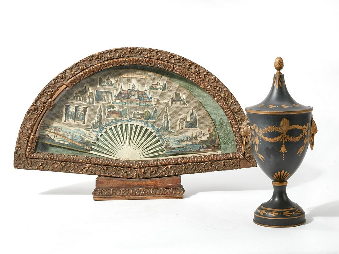 A Neoclassical style gilt tole urn and framed fan (1 of 4)
