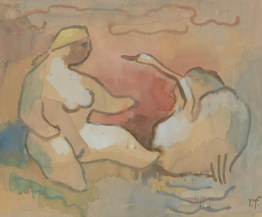 Continental School, Leda & the swan, watercolor: Continental School (20th century) Leda and the swan watercolor on paper signed with initials lower right RF 7 x 9in (17.5 x 23cm) Provenance: Property from the Estate of Lou Ann Z