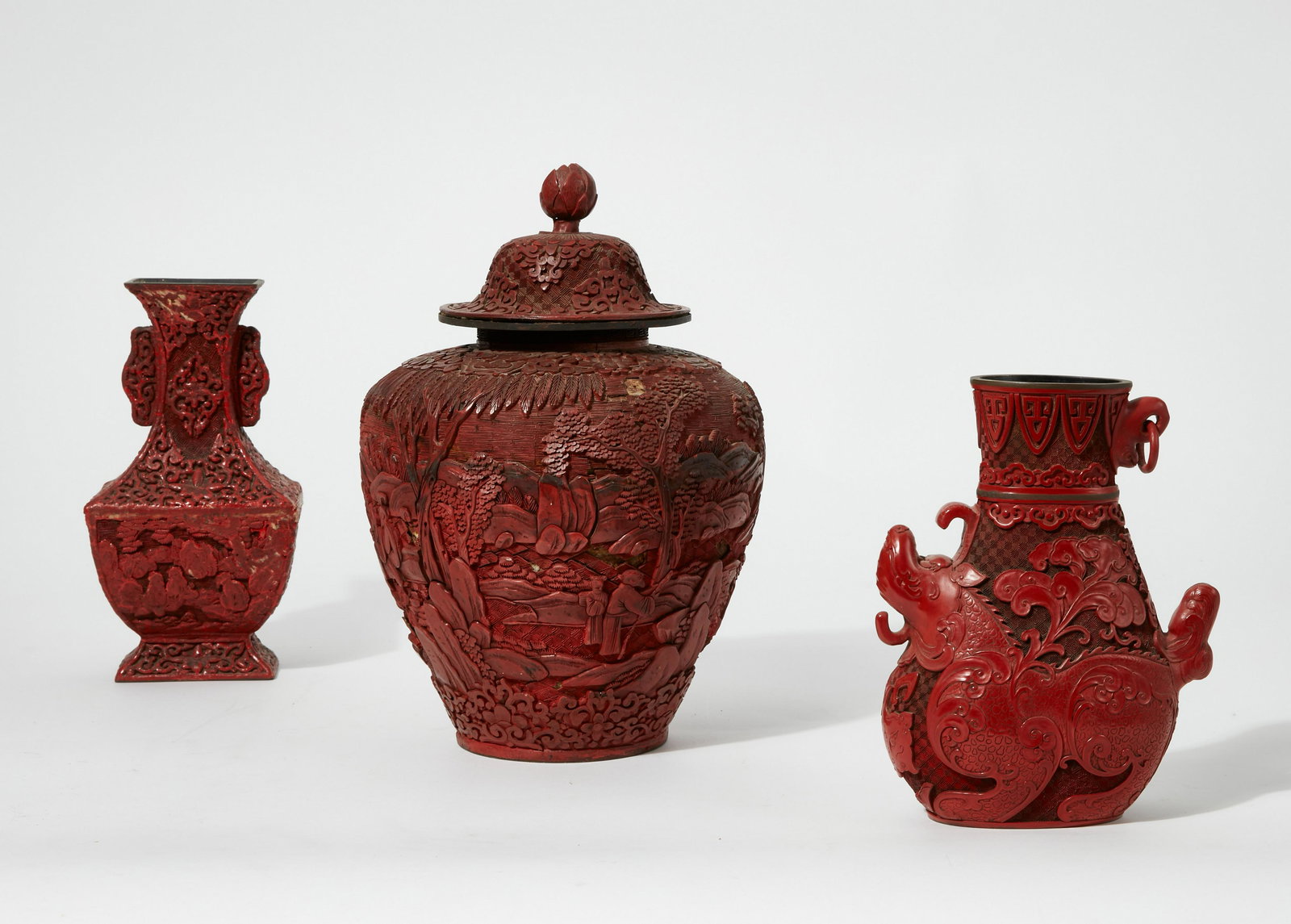 Three Chinese cinnabar lacquer style vessels (1 of 3)