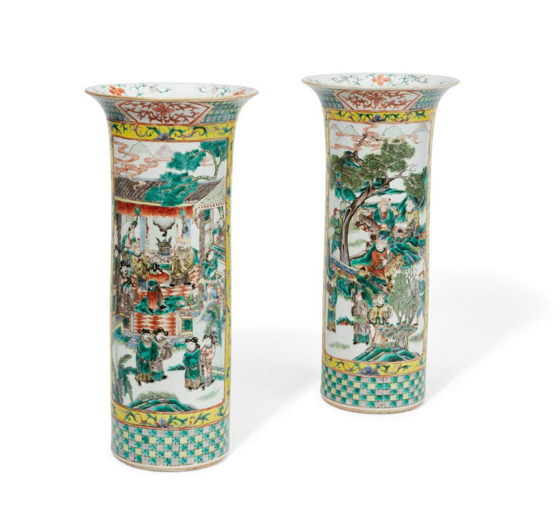Pair Chinese Famille Verte porcelain sleeve vases: A pair of Chinese Famille Verte porcelain flared mouth sleeve vasesheight 18in (46cm); diameter 8 1/4in (21cm)