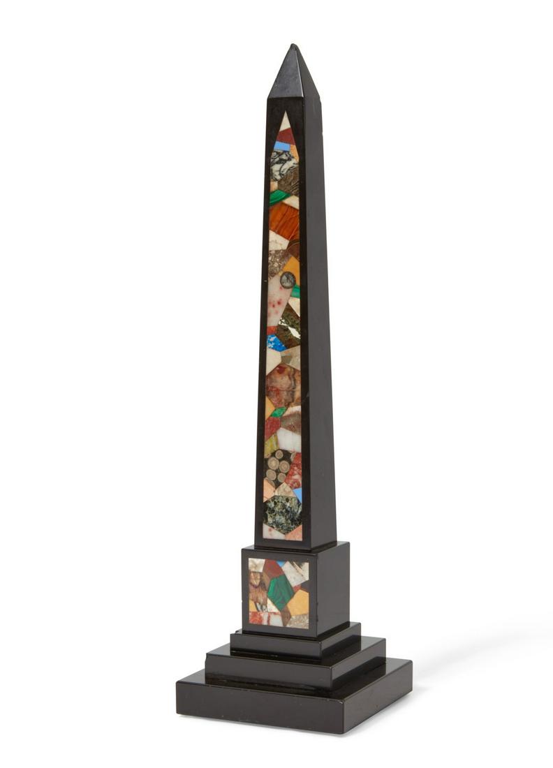 An Italian specimen marble & black slate obelisk: An Italian specimen marble inlaid black slate obelisklate 19th/20th centuryheight 15in (38cm); width 4 1/4in (11cm)