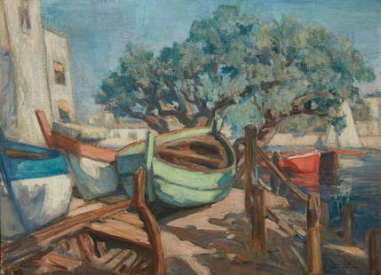 Jean Pierre Julien, Boats on the dock, oil: Jean Pierre Julien (French, 1888-1974)Boats on the dockoil on canvassigned lower right Jean Julien29 x 40in (74 x 102cm)