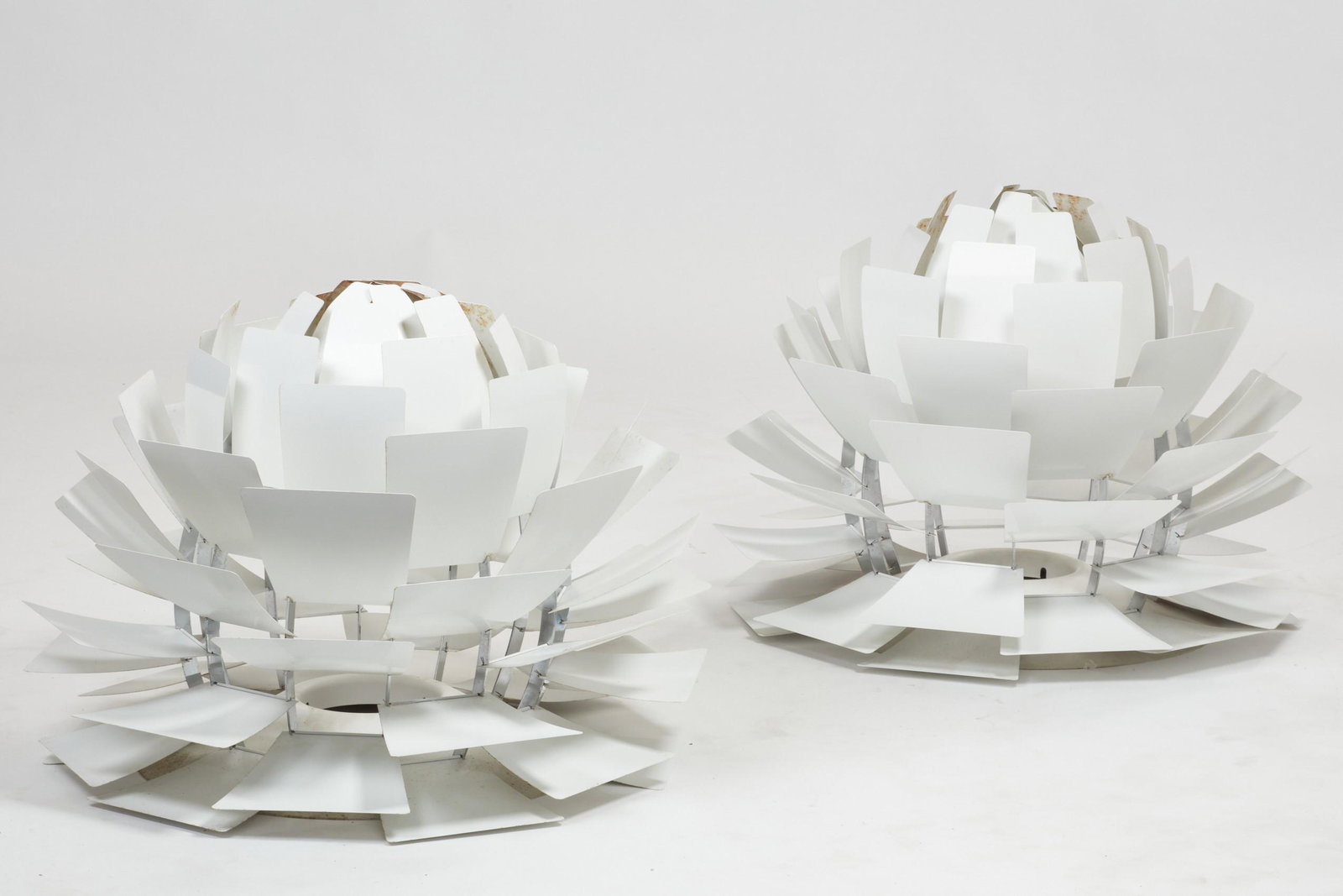 Two Louis Poulsen style celling fixtures: Two white silver metal celling fixtures in the manner of Louis Poulsen height 25in ( 64cm); diameter 38in (97cm)