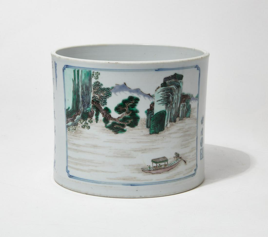 A large Chinese famille verte porcelain brush pot (1 of 5)