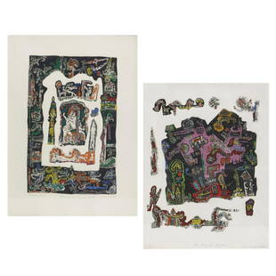 Ynez Johnston, The Magnetic Mountain and another: Ynez Johnston (American, 1920-2019)The Magnetic Mountain and The He and the She of It (2)etchings in colors on wove paper1. The Magnetic Mountain; numbered 7/20, titled and signed Ynez Johnstonin penc