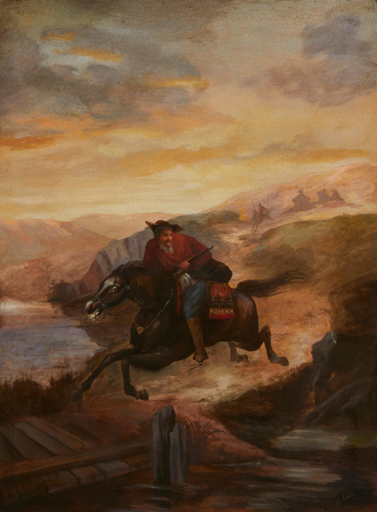 Continental School, The escape: Continental School 20th century The escape oil on board signed lower right Mulvary 39 1/2 x 30in (101 x 76cm)