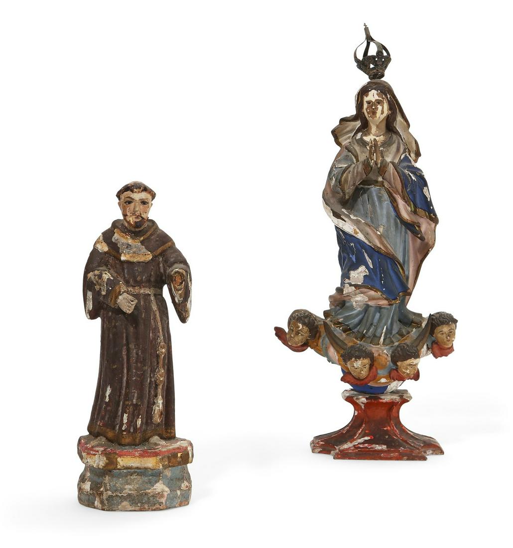 Two Spanish Colonial santos figures: Two Spanish Colonial polychrome decorated santos figures18th-19th centuryThe Madonna and St. Francis.the larger height 17 1/2in (44cm); width 7 1/2in (19cm); depth 4in (10cm)