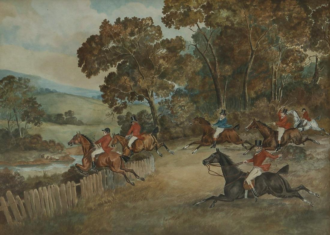 Attr to Henry Thomas Alken, Sr., Over the fence: Attributed to Henry Thomas Alken, Sr. (British, 1785-1851)Over the fence, 1823watercolor on papersigned lower right H. Alken and dated13 x 18in (33 x 46cm)