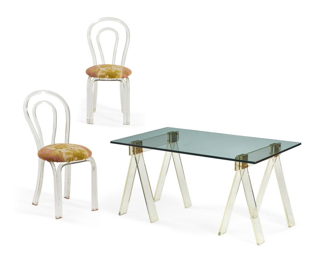 A lucite and glass trestle table and two chairs (1 of 12)