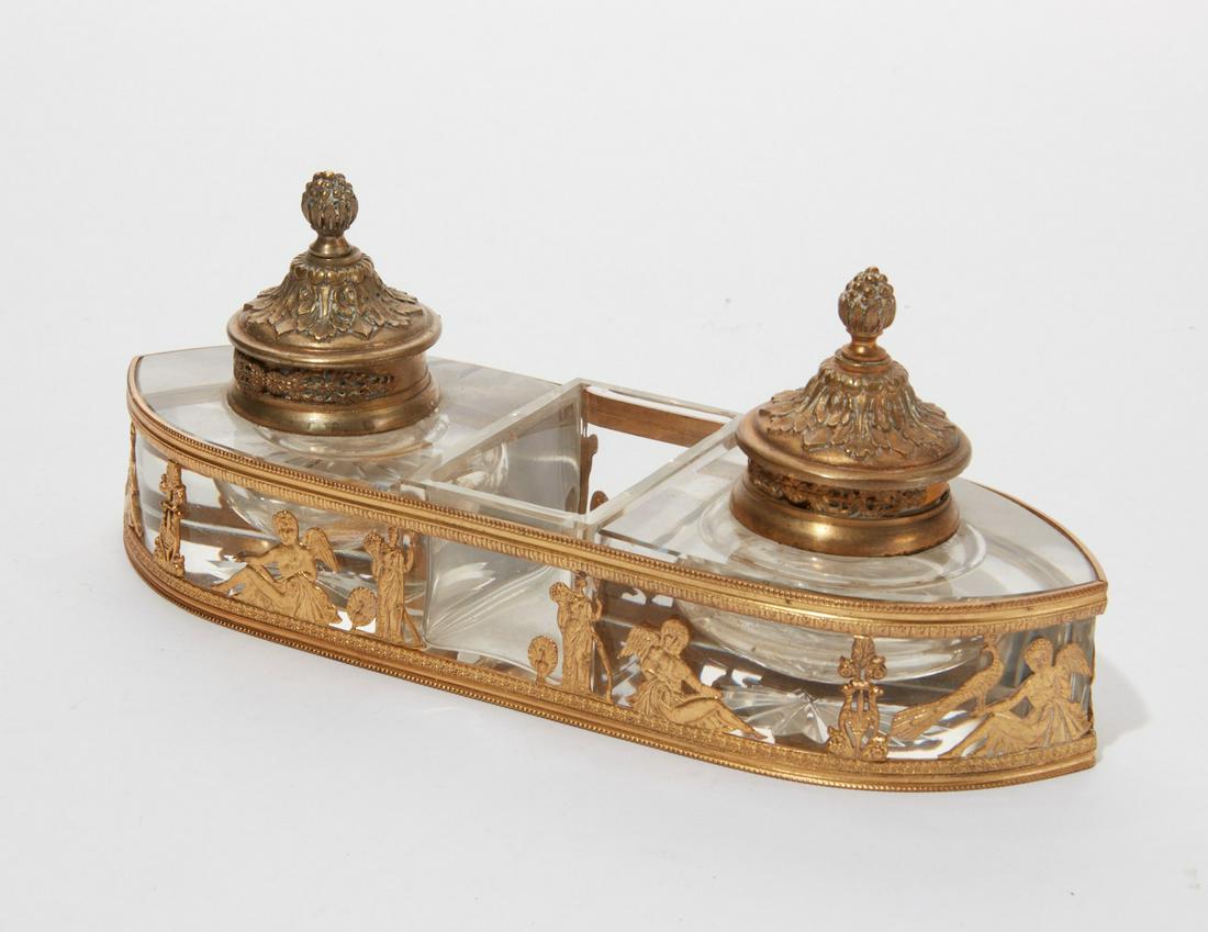 French gilt bronze, gilt metal and glass inkwell (1 of 5)