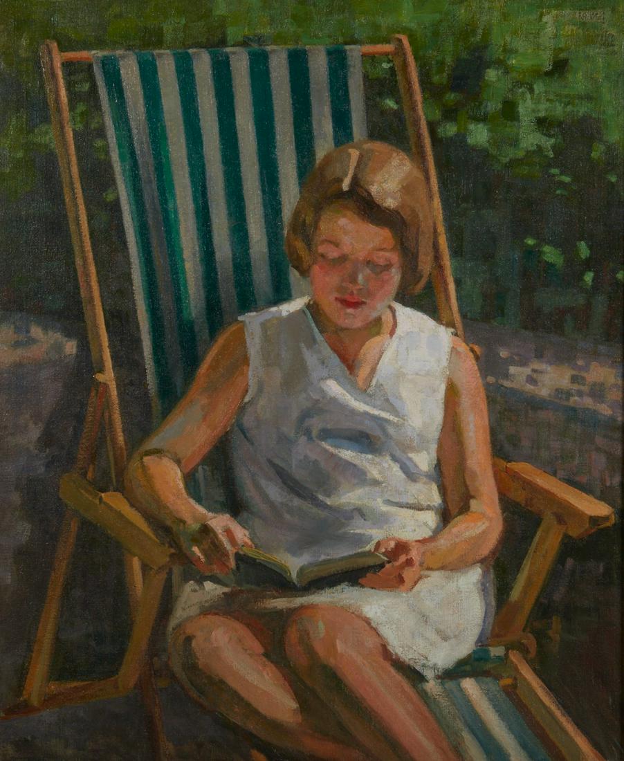 American School, Woman reading in a lounge chair (1 of 4)