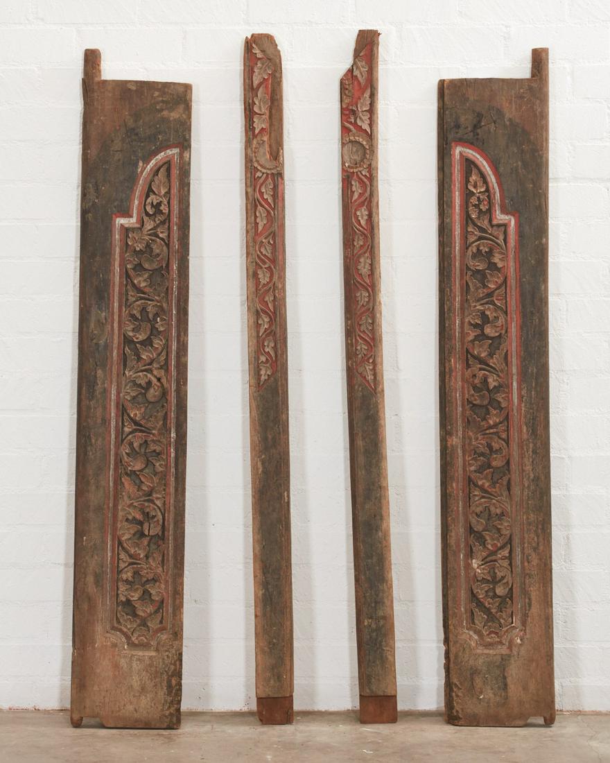 A group of Asian carved wood fragments: A group of carved wood fragments possibly Southeast Asian or Straits Chinese (4) height 66 3/4in (169.5cm); width 11in (28cm); depth 1 1/2in (3.5cm)