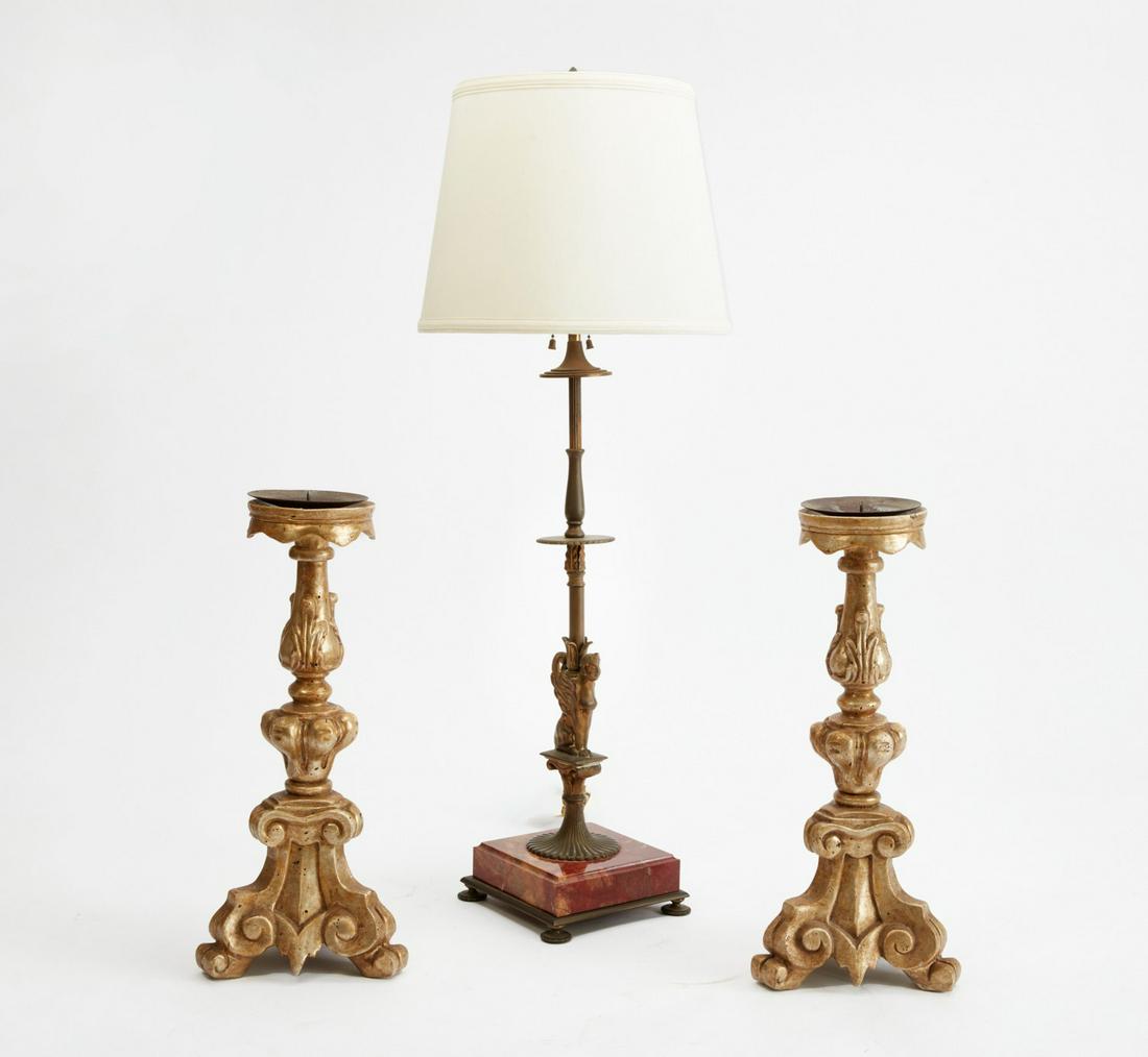 A Neoclassical style bronze and marble lamp, prickets (1 of 4)