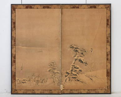 A two panel Japanese screen, School of Maruyama Okyo: A two panel Japanese screenSchool of Maruyama Okyoheight 67 1/2in (171.5cm); width opened 74 1/2in (190cm)