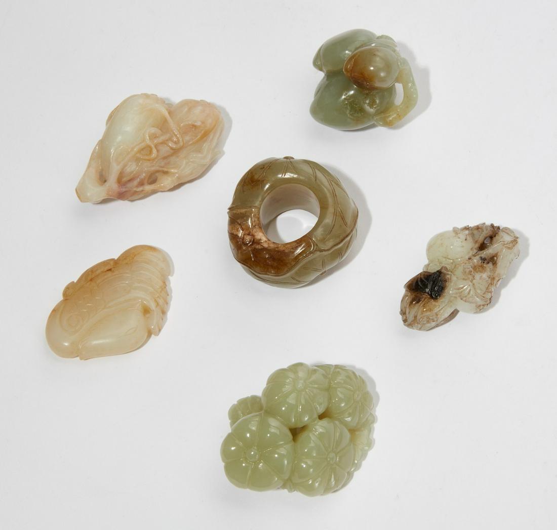 Six Chinese hardstone models of plants & flowers: A six piece group of Chinese hardstone models of plants and flowers the largest 2 1/2in (6cm); width 2in (5cm); depth 1 1/4in (3cm)