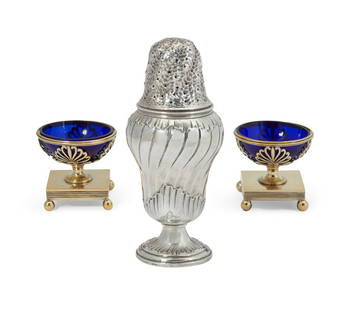 A pair of Empire silver gilt salt cellars, Odiot: A pair of Empire silver gilt salt cellarsJean Baptiste Claude Odiot, Pariscirca 1815With cobalt glass liners, together with a French silver sugar caster. (3)the salts height 2 1/2in (6.5cm); diameter