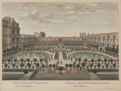 Israel Silvestre, Vue du Chateau de Fontainebleau: Israel Silvestre (France, 1621–1691)Vue du Château de Fontainebleauengraving with hand coloring on wove paperA 19th century hand colored engraving of the Chateau de Fontainebleau; (Vue du Chateau d