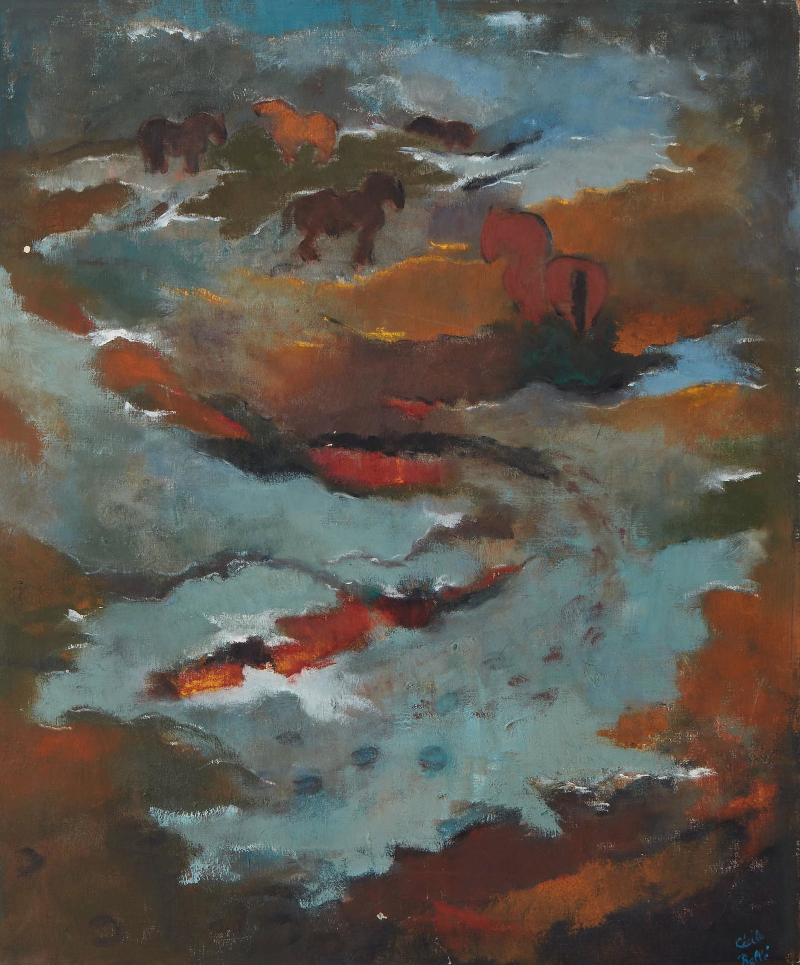 Cecile Belle, February, 175, oil: Cecile Belle (American, 1900-1996) February, 175 oil on canvas signed lower right Cecile Belle, signed again to reverse and titled 30 x 24 1/2in (76 x 62cm)