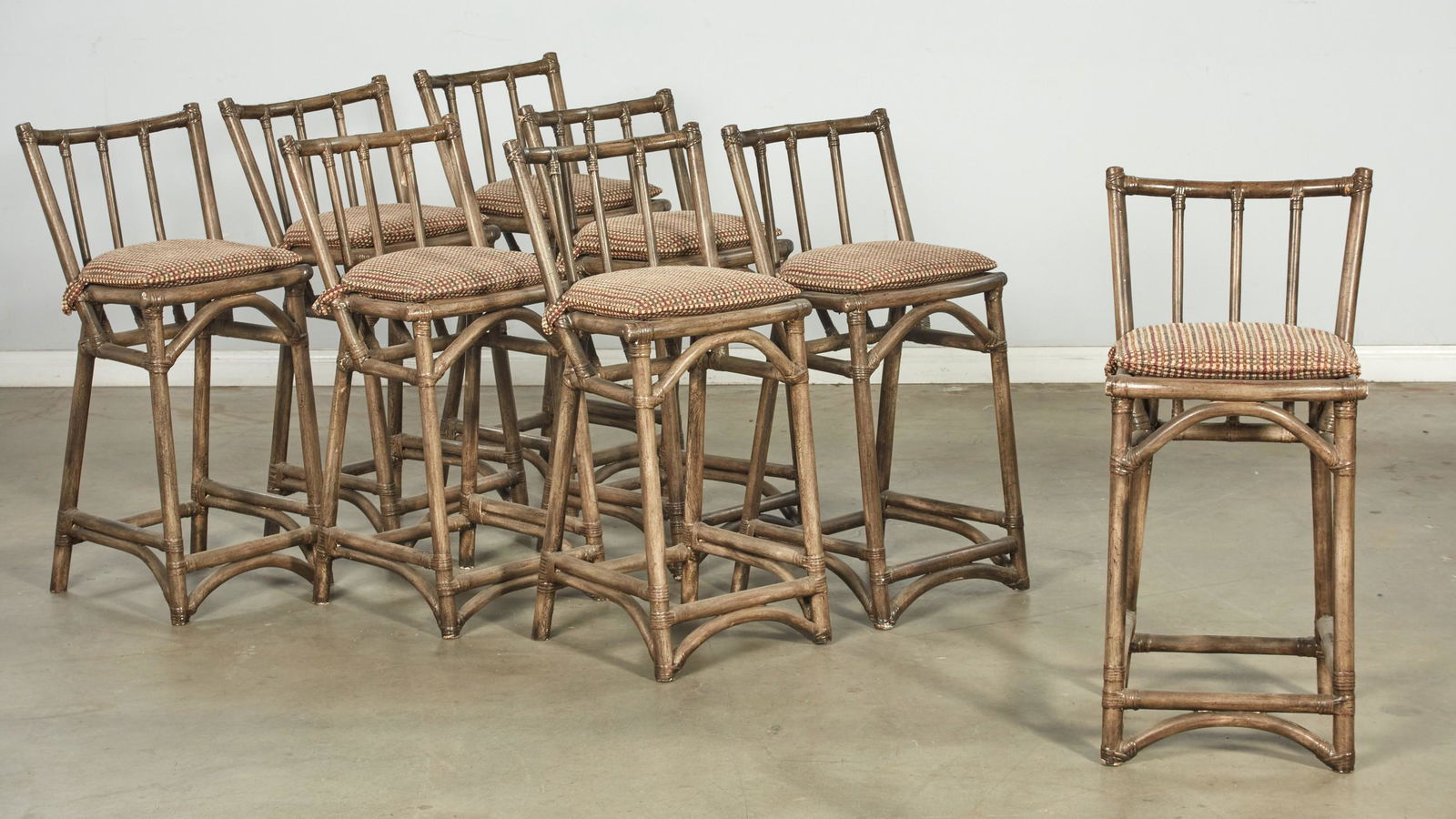 Eight grey painted faux bamboo back stools (1 of 2)