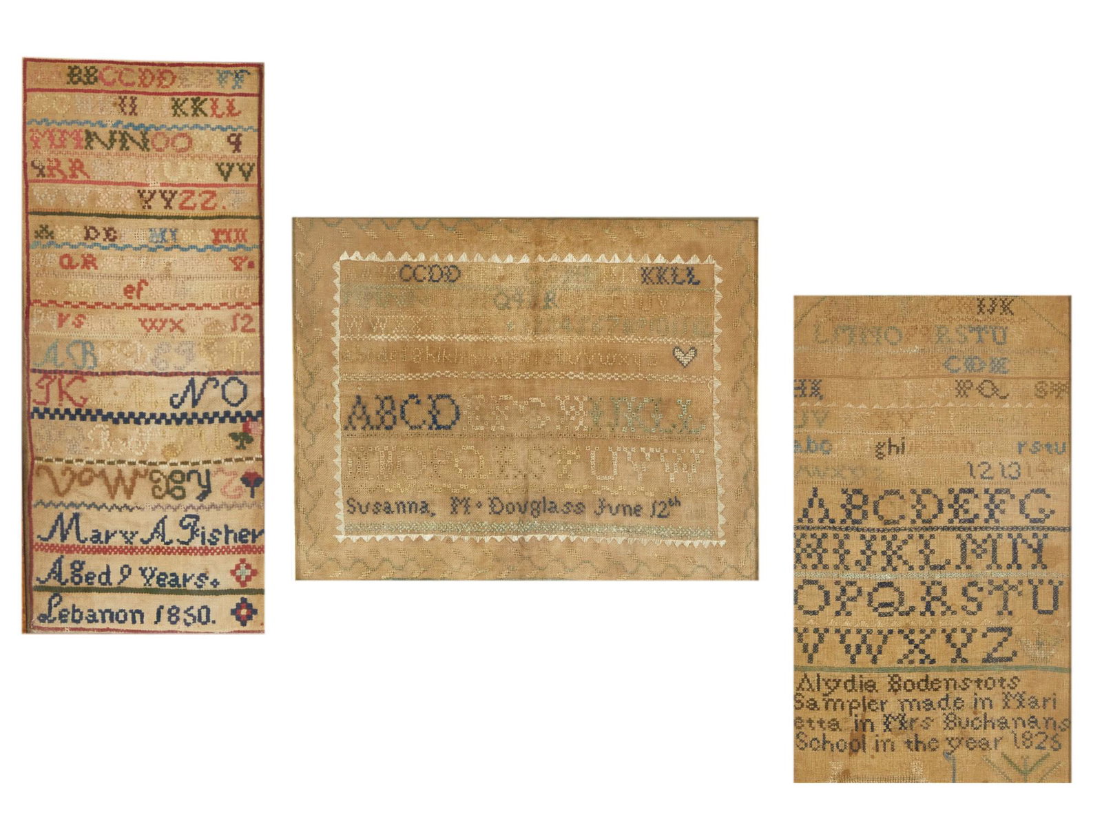 Three American linen needlework samplers (1 of 3)