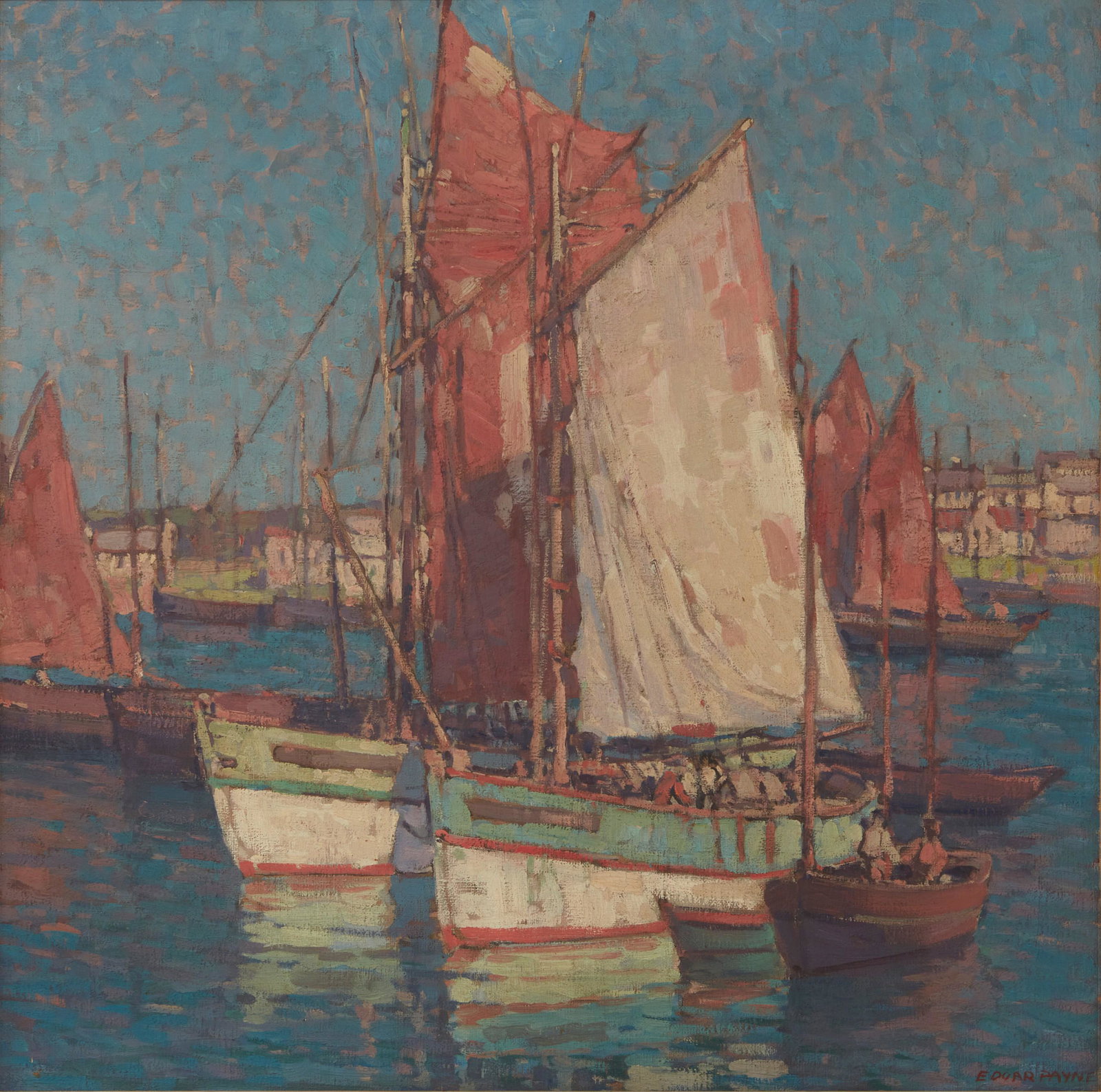 Edgar Alwin Payne, Fishermens Harbor, Concarneau: Edgar Alwin Payne (American, 1883-1947)Fishermen’s Harbor, Concarneau, Franceoil on canvassigned lower right Edgar Payne, titled to reverse Fishermen's Harbor/Concarneau France30 x 30in (76