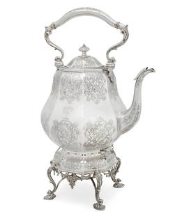 American silver kettle on stand, William Forbes: An American silver kettle on standWilliam Forbes, New York; retailed by Ball, Tompkins & Blackcirca 1840Monogram: CB.overall height 16 1/2 10 1/2 7 1/2; weight approximately 65oz troy