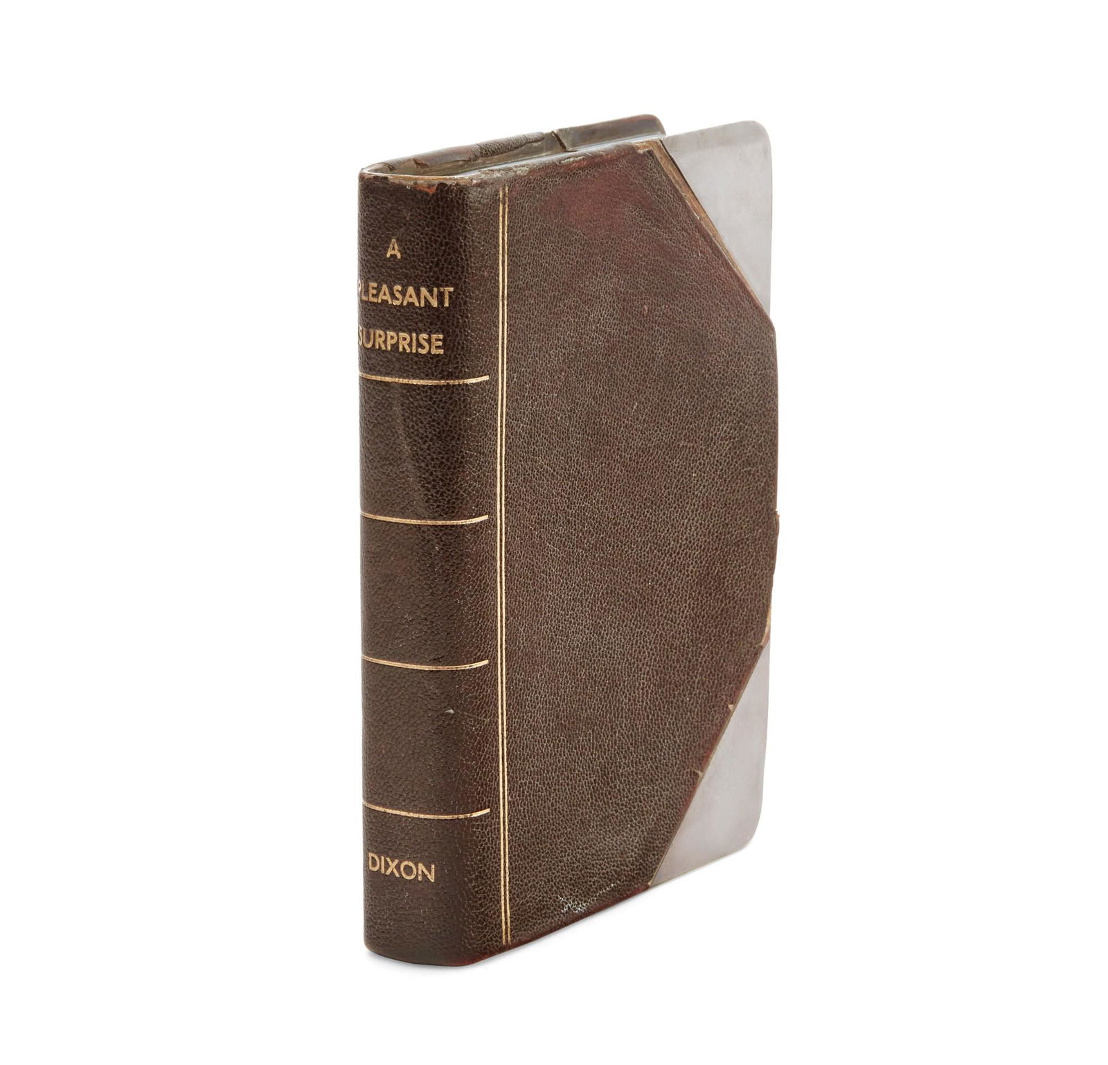 An English book form flask: A Pleasant Surprise: An English silver plate and leather book form flask: A Pleasant SurpriseJohn Dixon & Sons, Ltd., Sheffieldcirca 19008oz capacity.height 5 1/2in (14cm); width 4 1/4in (11cm); depth 1in (2.5cm)