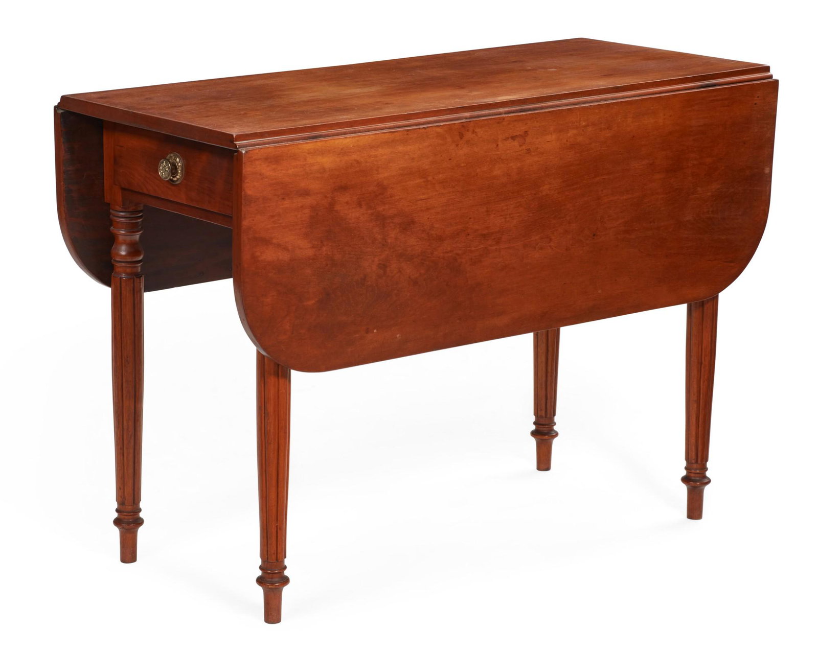 A Federal cherrywood drop leaf table: A Federal cherrywood drop leaf tableNew Englandfirst quarter 19th centuryWith frieze drawer to one end.height 29 1/4in (74cm); width closed 18 3/4in (47cm); width open 42 3/4in (108.5cm); depth 42in (