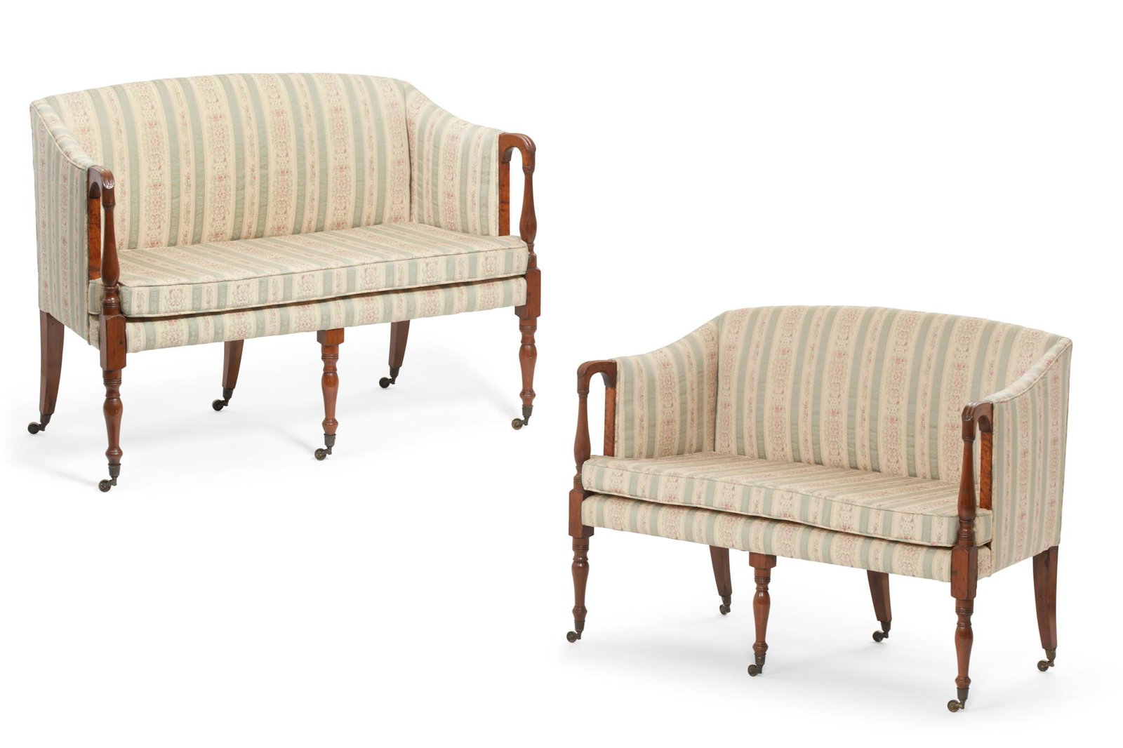 A pair of Federal cherrywood and maple settees: A pair of Federal cherrywood and birds-eye maple upholstered setteesearly 19th centuryOn casters.height 34 1/2in (87.5cm); width 47in (119cm); depth of seat 19in (48cm)