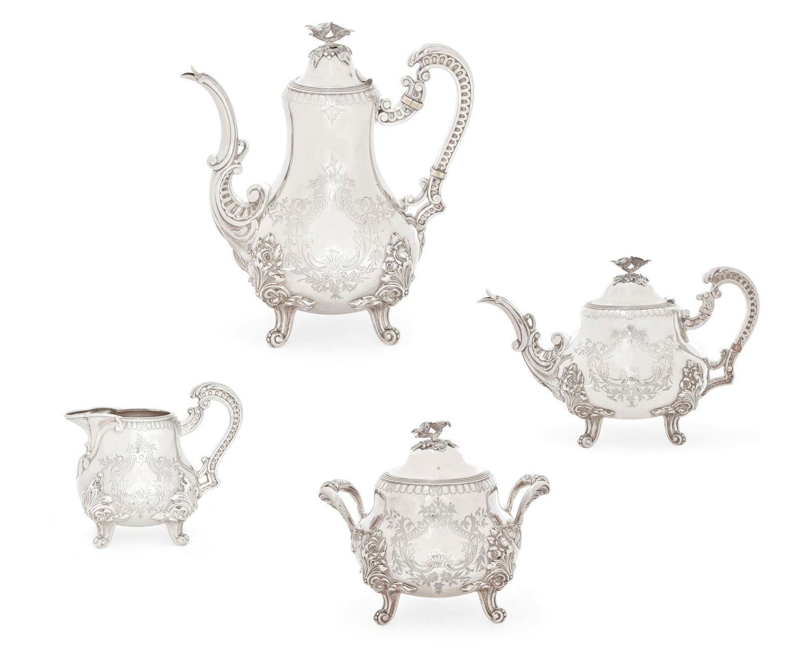 A French silver four piece tea and coffee service: A French first standard silver four piece tea and coffee serviceAlphonse Debain, Parisearly 20th centuryComprising a teapot, a coffee pot, a covered sugar bowl and a cream jug.the coffee pot height 10