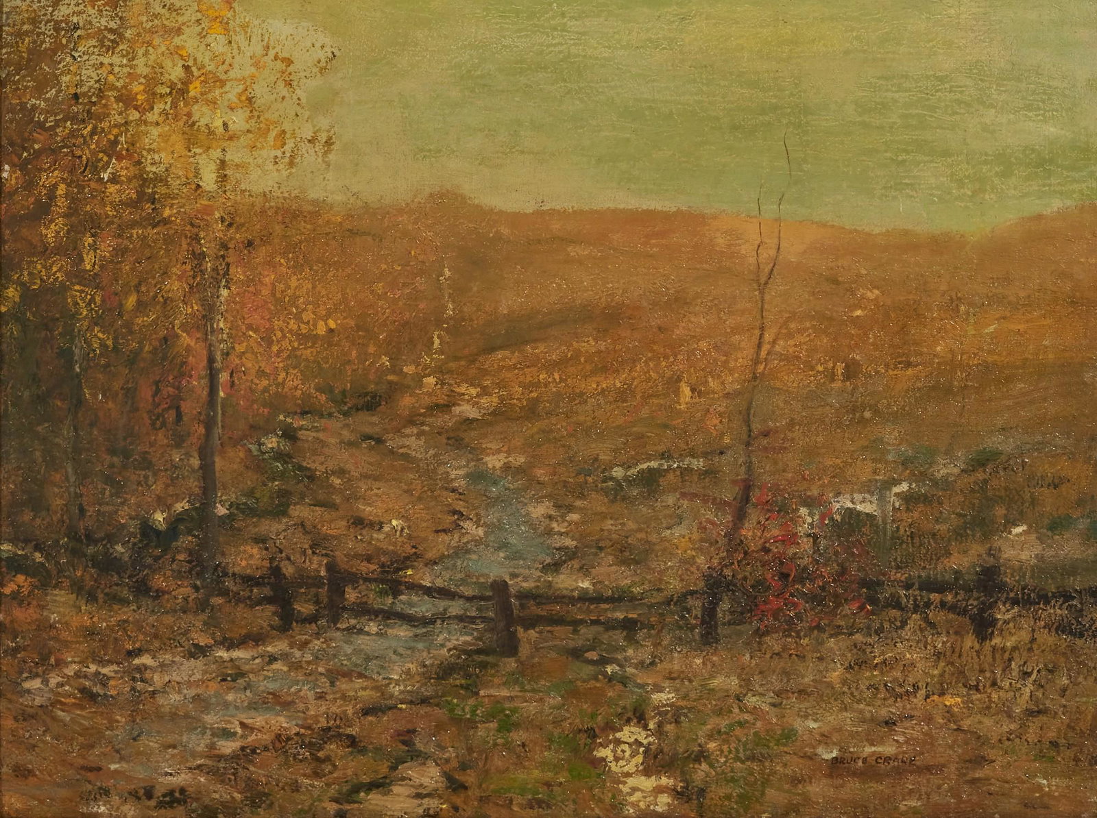 Bruce Crane, Pathway to the hill: Bruce Crane (American, 1857-1937)Pathway to the hilloil on boardsigned lower right BRUCE CRANE18 x 24in (46 x 61cm)