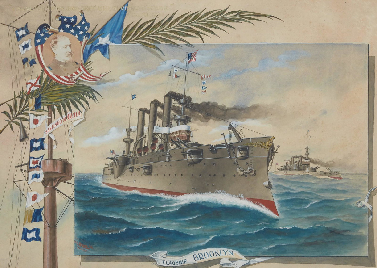 Nicholas J. Quirk, The Flagship Brooklyn: Nicholas J. Quirk (American, 19th-20th century) The Flagship Brooklyn watercolor inscribed "I HAVE GOT THEM AND THEY WILL NEVER GET HOME" (SCHLEY), signed lower left N.J. Quirk Chicago and d