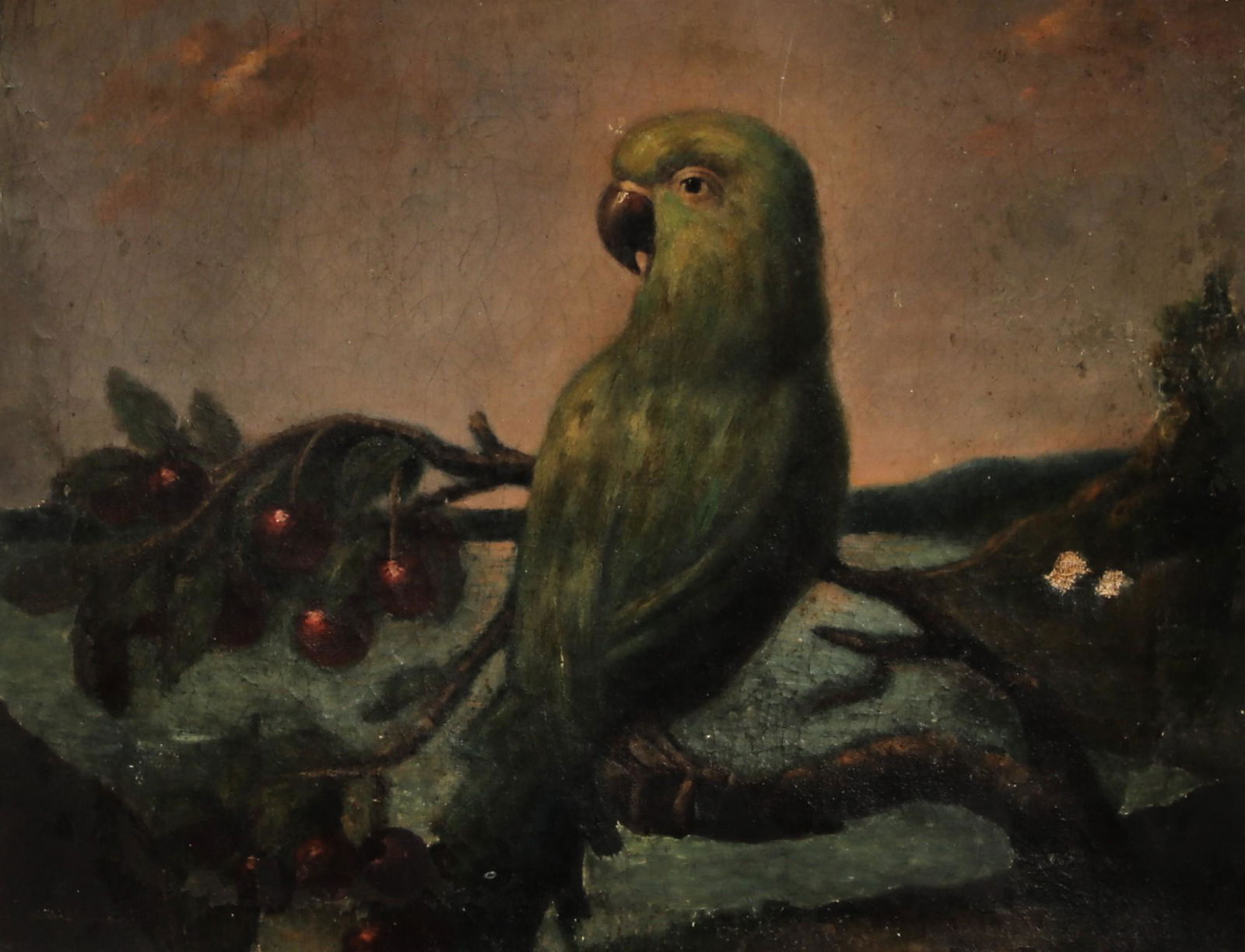 Continental School, Parrot on cherry tree branch: Continental School(19th century)Parrot on a cherry tree branchoil on canvas10 1/2 x 13 3/4in (27 x 35cm)