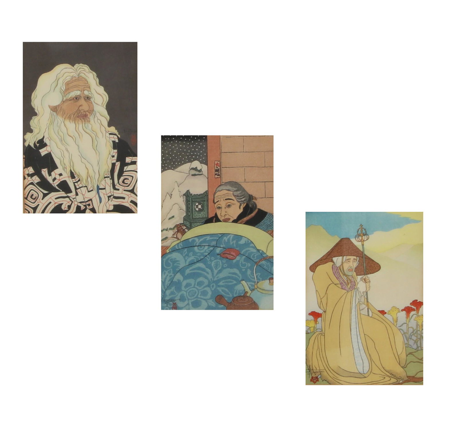 Paul Jacoulet, three miniature woodblock prints: Paul Jacoulet (French, 1902-1960) Viel Aino: Hokkaido, Decembre, Japon and Le Bosso Otaru, Hokkaido (3) miniature woodblock prints each with printed signature Paul Jacoulet and seal 6 x 4in (15 x 10c