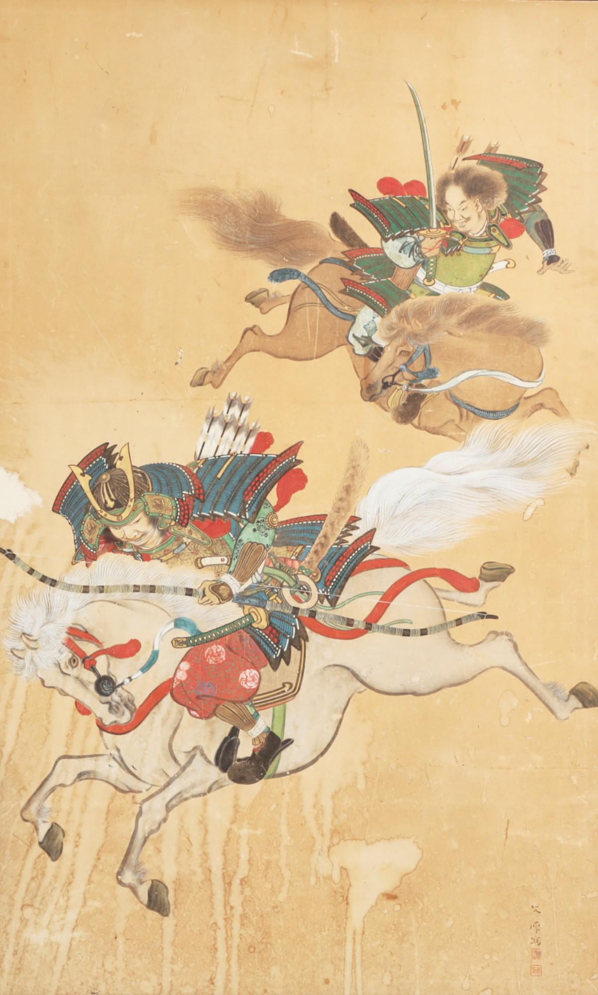 A Japanese ink and color mounted Samurai (1 of 4)