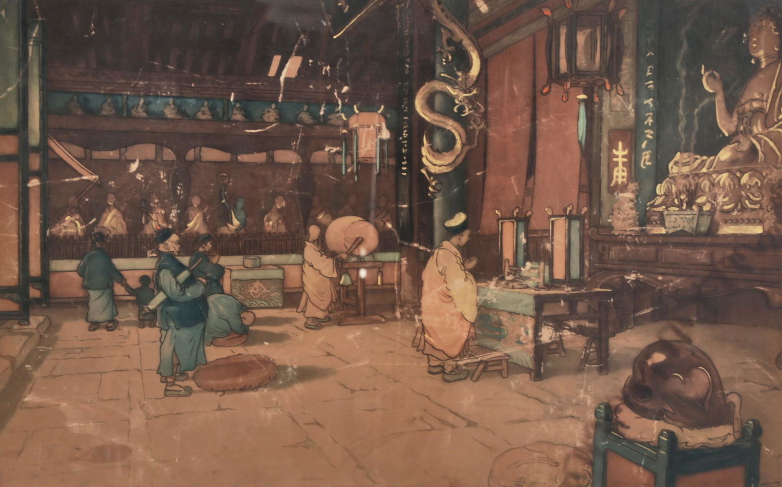 Continental School, Buddhist shrine interior: Continental School20th centuryBuddhist shrine interiorlithograph in colors with hand overpainting and highlighting on wove paper16 x 25in (41 x 64cm)