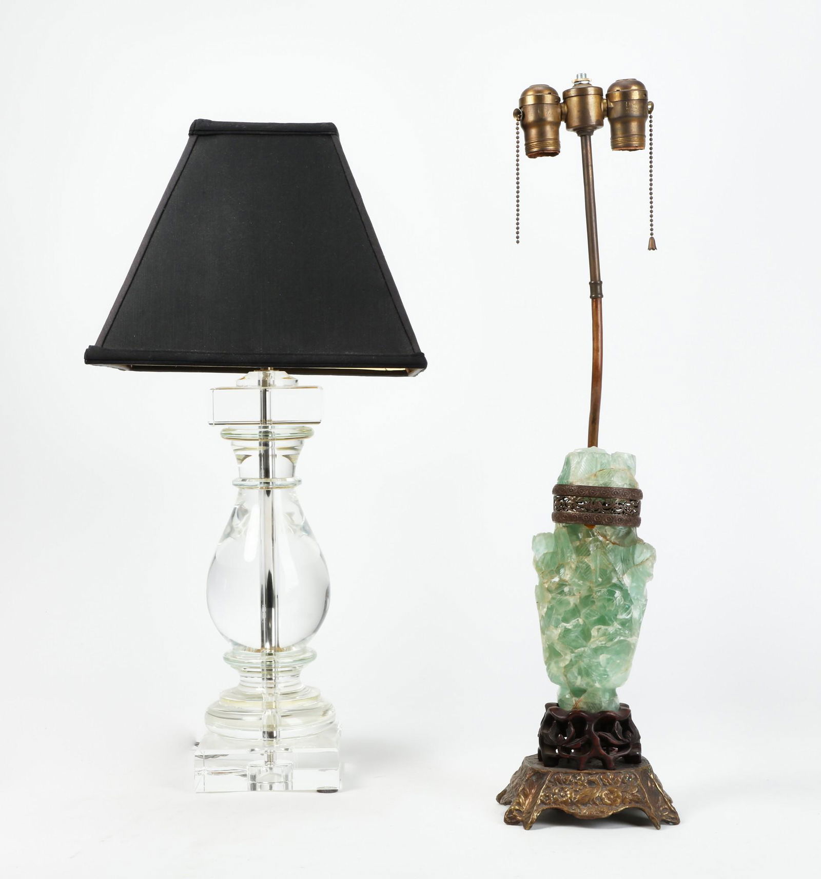 A Chinese hardstone censer lamp and another: A Chinese hardstone censer mounted as a lamp and a lucite baluster lamp(2)height of censer on stand 11in (28cm); overall height of censer on base 13in (33cm)