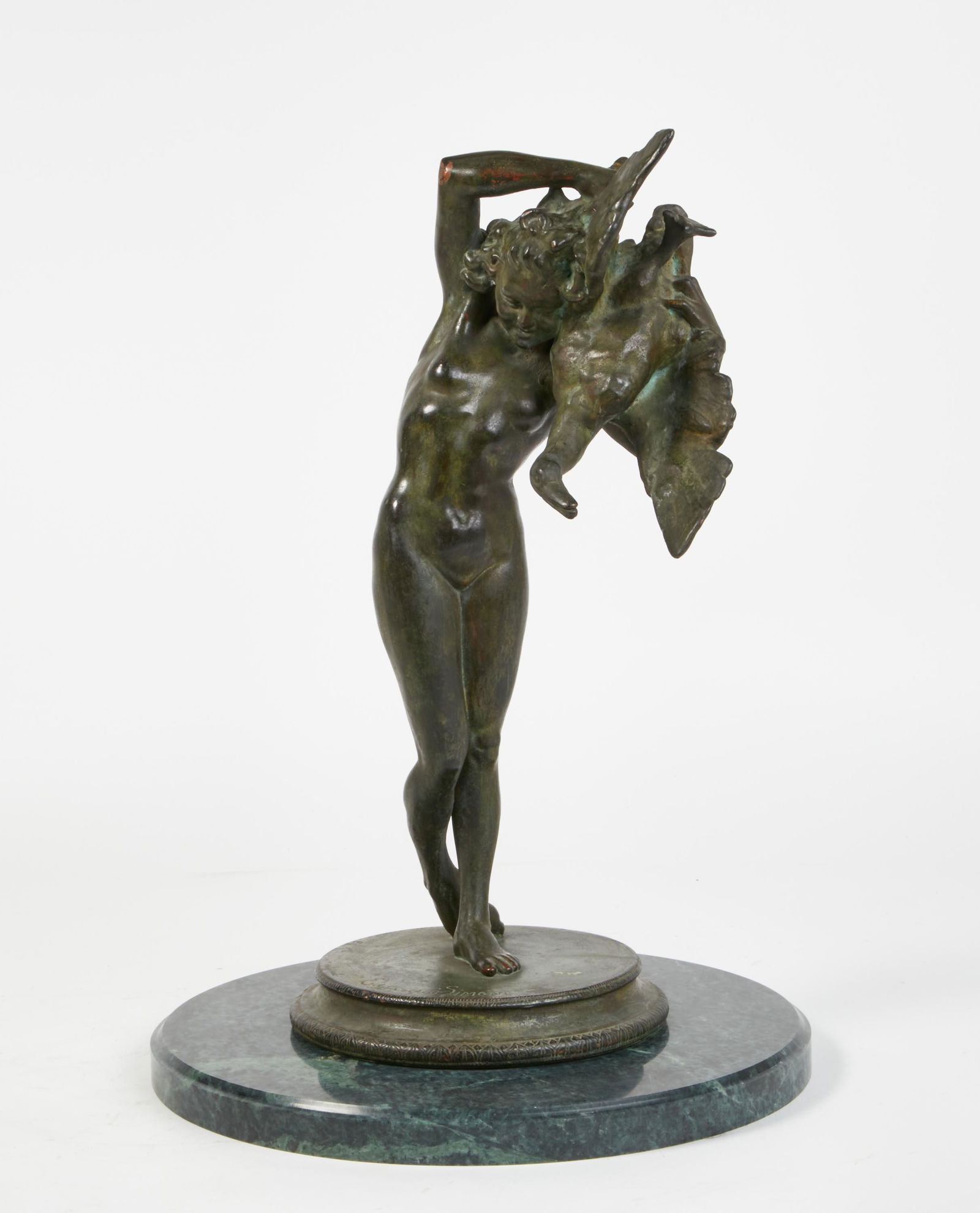 Edgardo Simone, Girl with goose, bronze: Edgardo Simone (Italian, 1890-1958)Girl with goosepatinated bronzeinscribed ...original EDGARDO SIMONEheight 21 1/4in (54cm); width 10 1/2in (27cm); depth 9 1/2in (24cm)
