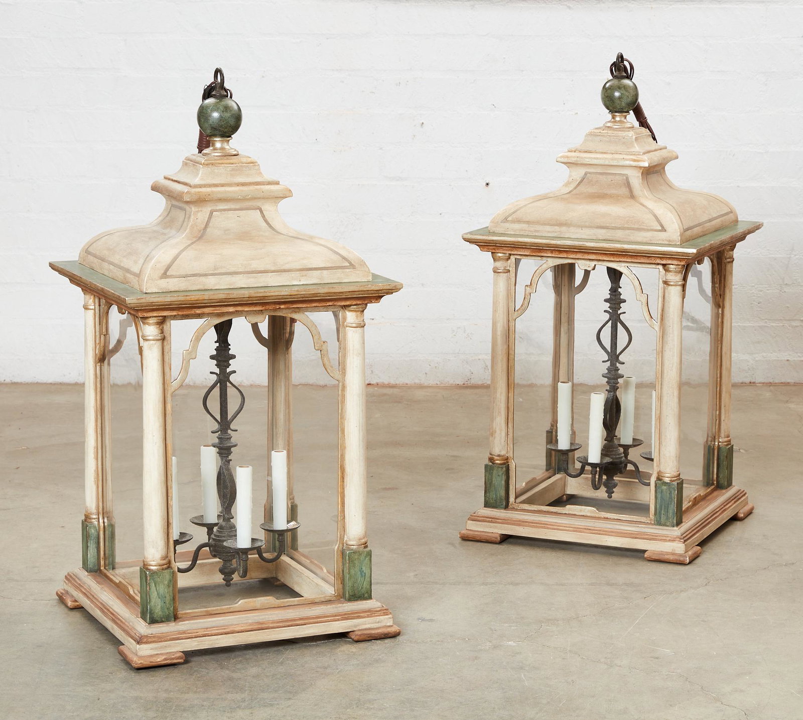 A pair of Dennis & Leen Palazzo lanterns: A pair of Dennis & Leen white and parcel green painted Palazzo lanterns modern height 41in (104cm); width 20in (51cm)
