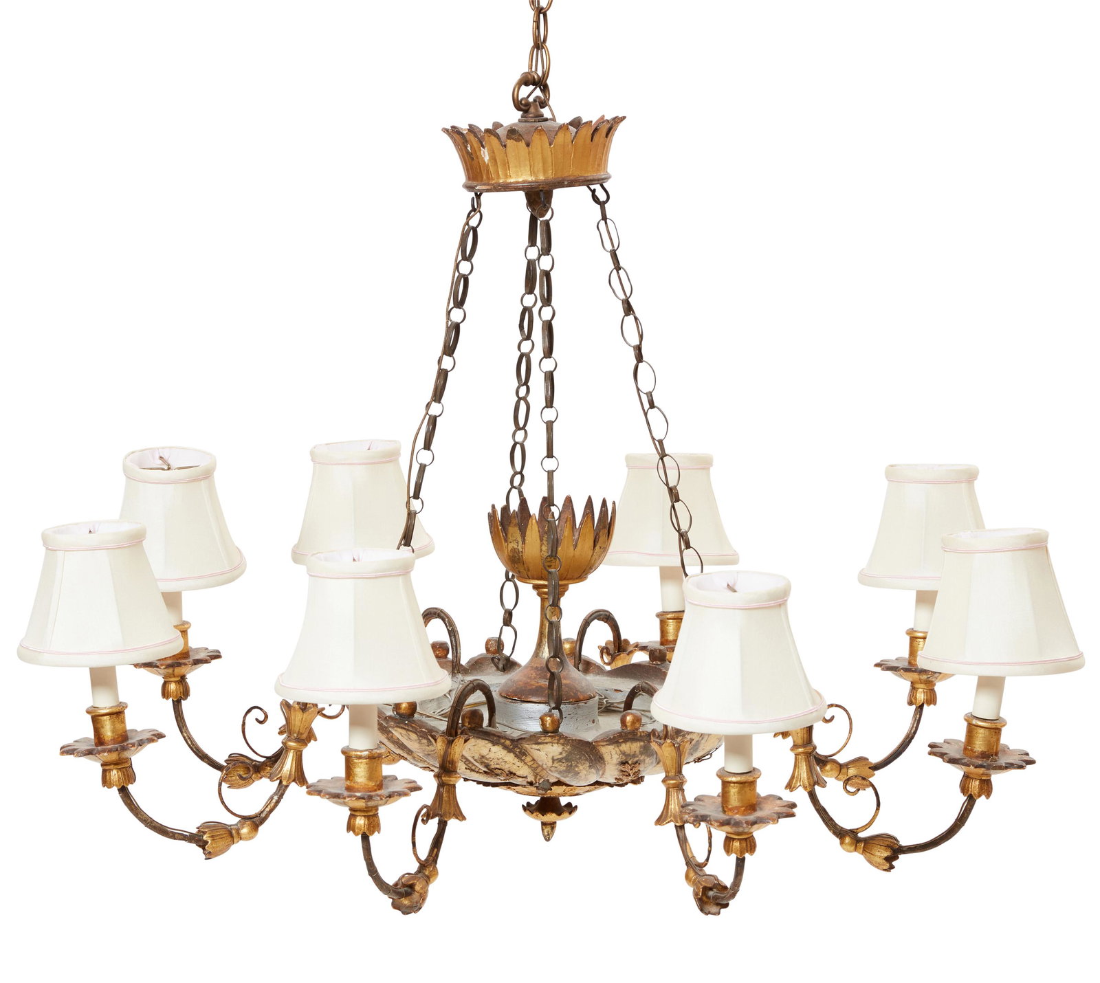 Neoclassical style giltwood and metal chandelier: A Continental Neoclassical style giltwood and patinated metal eight light chandelier 19th century height 25 1/2in (65cm); diameter 33 1/2in (85cm)