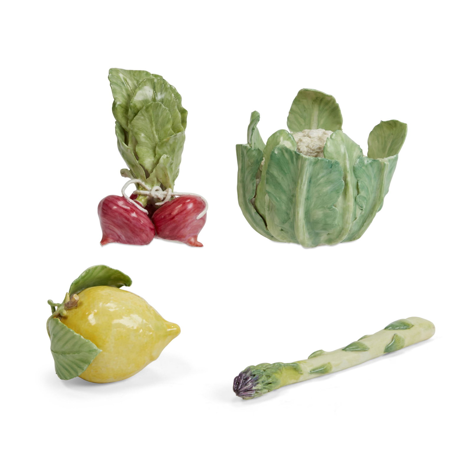 Four porcelain fruit & vegetables, Anne Gordon: A group of four porcelain models of fruit and vegetables Anne Gordon (Scottish, b.1941) circa 1985 Comprising a head of cauliflower, bunch of radishes, lemon and asparagus spear, each with artists mon