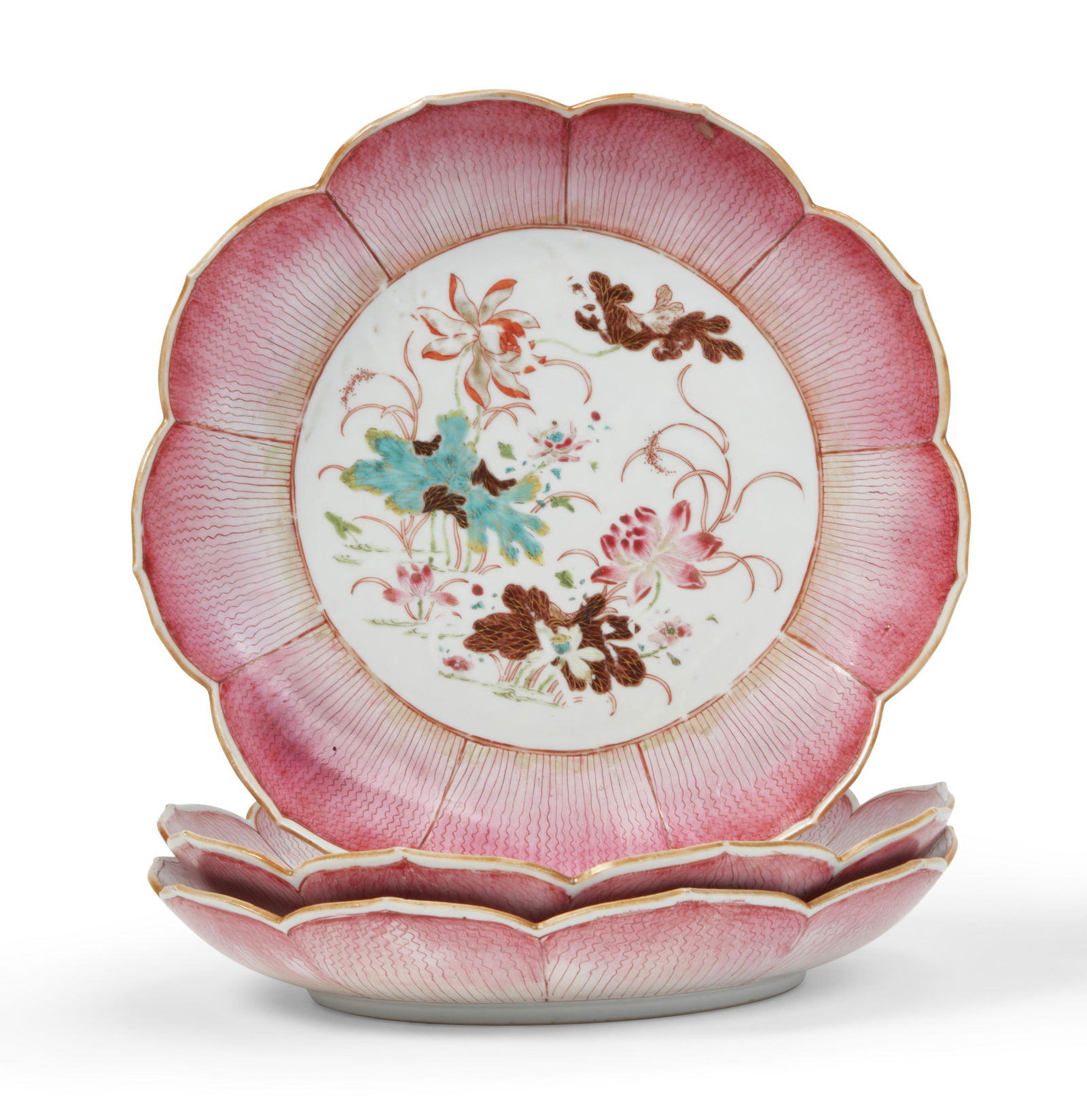 A set of three Chinese porcelain lotus form bowls (1 of 3)