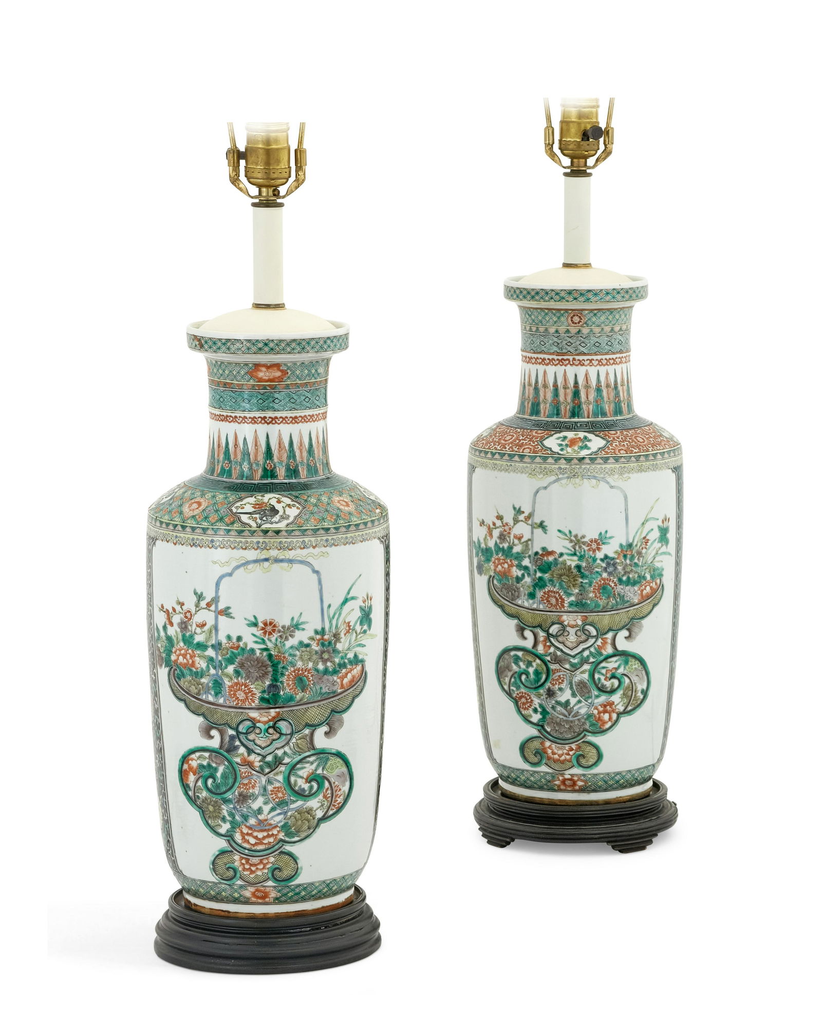 Pair of Chinese Famille Verte rouleau vase lamps (1 of 7)