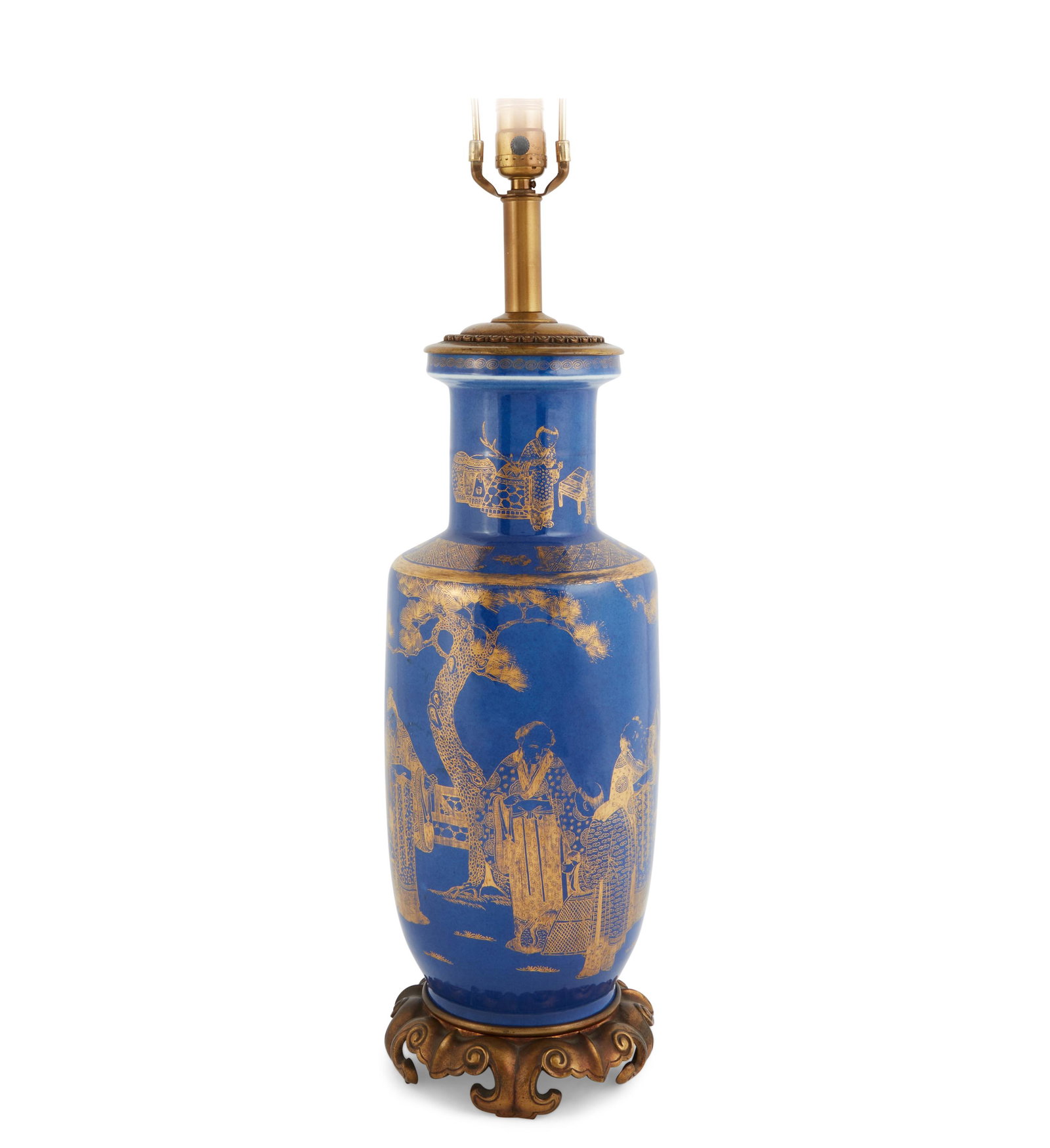 A Chinese parcel gilt blue glazed porcelain mallet vase now as a lamp: A Chinese parcel gilt blue glazed porcelain mallet vase now as a lamp height 19 1/2in (49.5cm); diameter 6 1/4in (16cm)