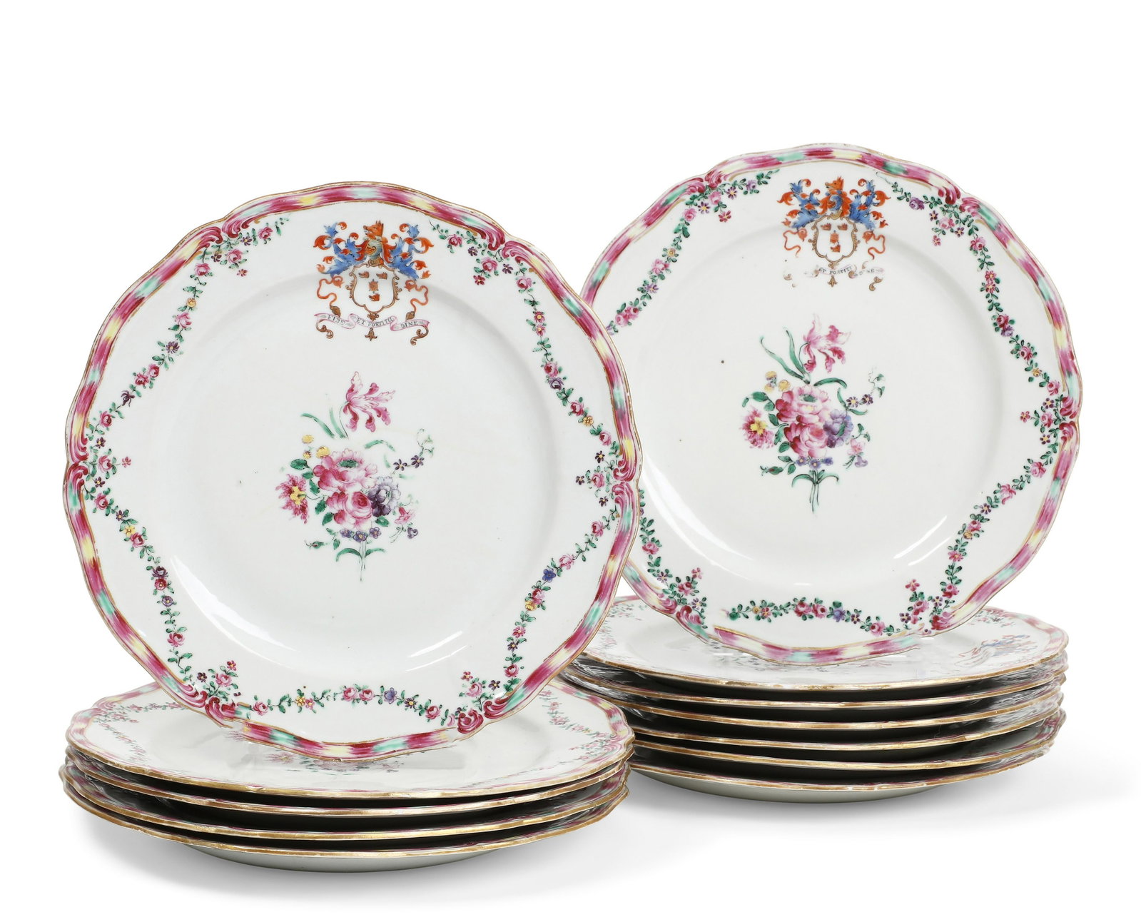 12 Chinese Export Famille Rose armorial dishes: A group of twelve Chinese Export Famille Rose armorial porcelain dishes Each with coat of arms and motto FIDE ET FORTITU DINE, possibly for the Barton family. diameter 9 1/4in (23.5cm)